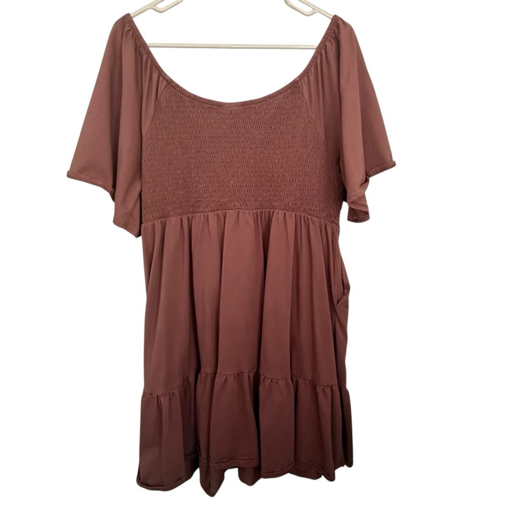 Torrid Brown Smocked Mini Dress Plus Size 2X Tiered Flutter Slv Cottagecore Boho - Picture 10 of 10